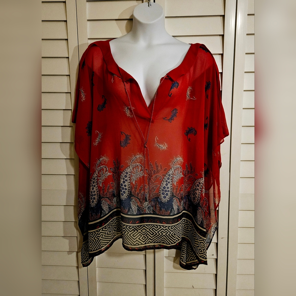 Lane Bryant 22/24 Red Paisley Sheer Shirt Poncho V-neck Boho Tunic Coverup